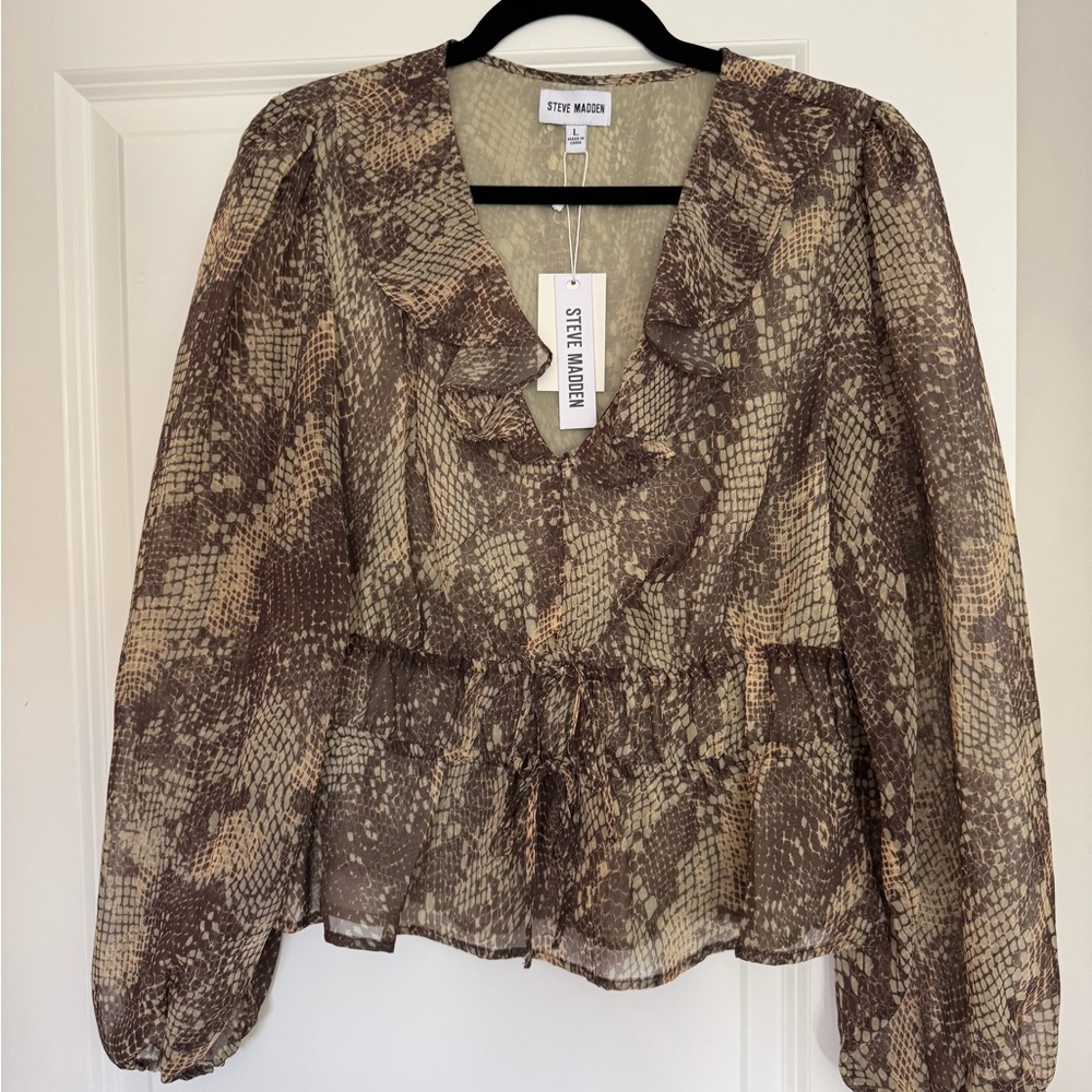 Steve Madden Brown Puff Sleeve Ruffled Blouse